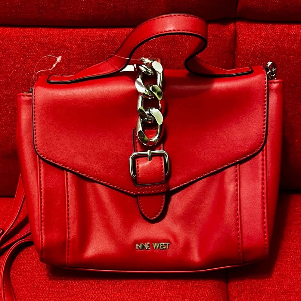 New Nine West Jessamine Lipstick Red Crossbody Bag with Chain Accent